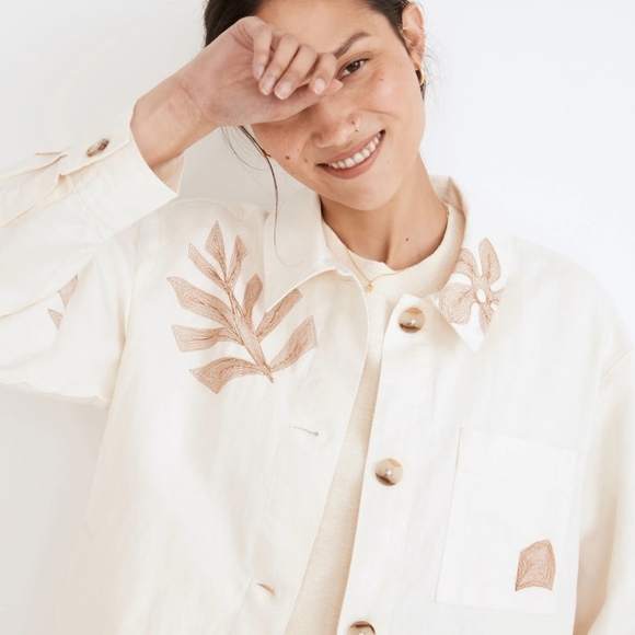 Madewell New Cream Embroidered Linen Tropical Floral Shirt Jacket Size Large - Picture 3 of 15